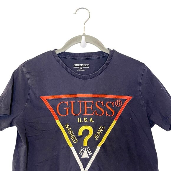 Guess Youth Boys Navy‎ Blue Organic Cotton Triangle Embroidered Logo T-Shirt 14 - Picture 3 of 6
